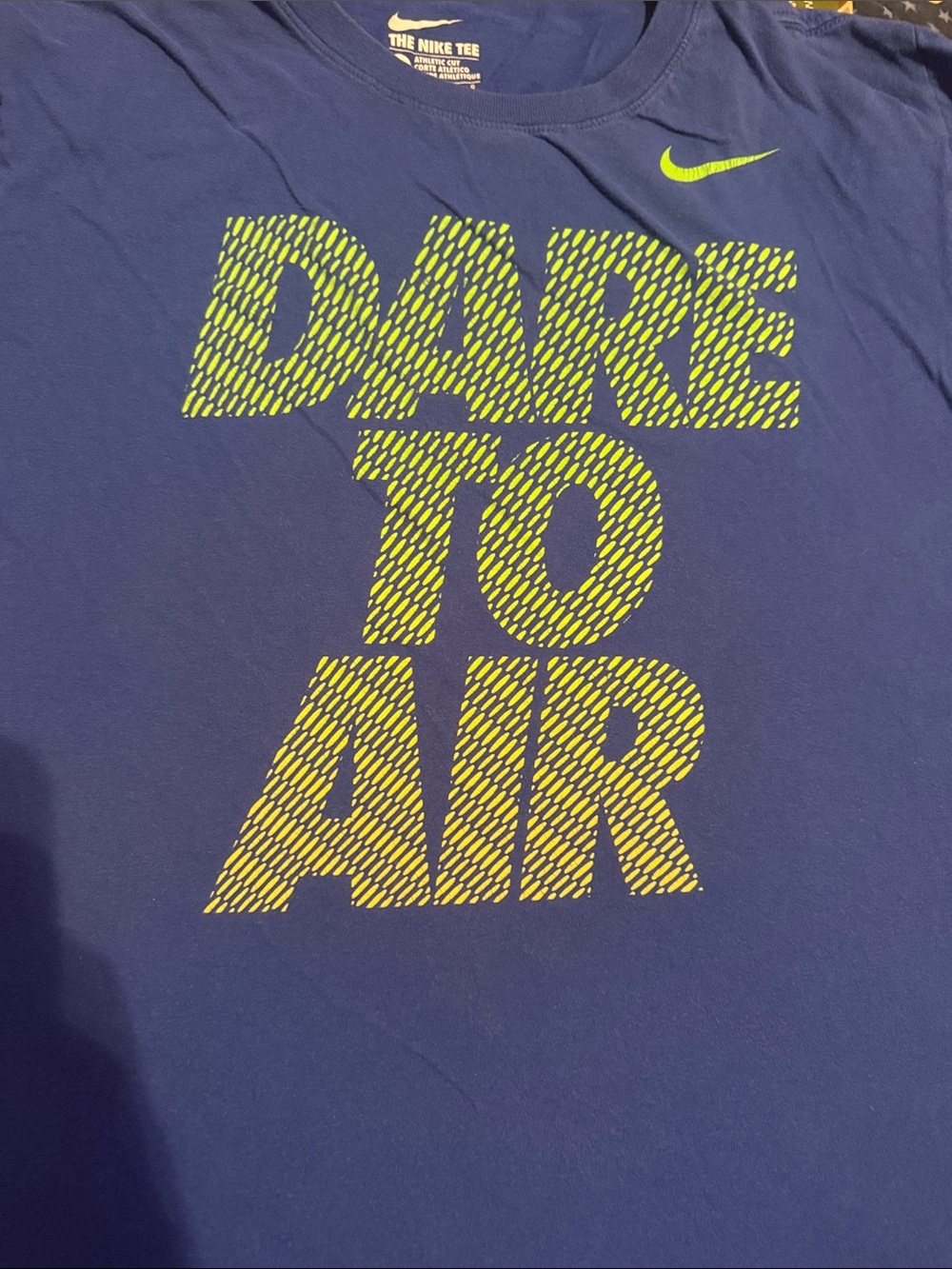Nike Blue Tee with Neon Yellow-Green Swoosh and Text - Picture 1 of 3